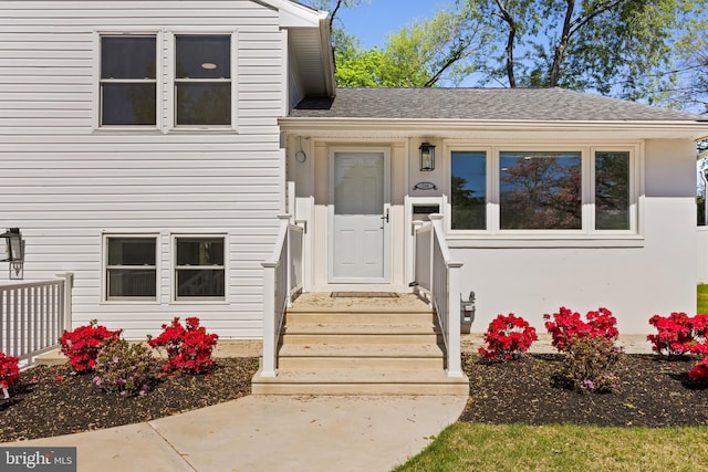 entrance to property with roof with shingles