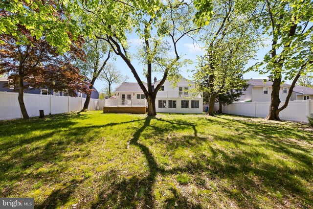 view of yard featuring a fenced backyard and a wooden deck
