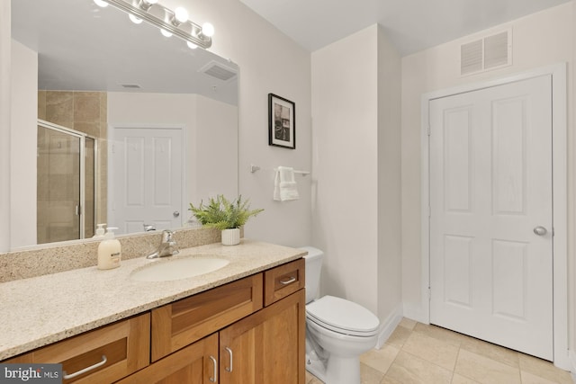 full bath with visible vents, vanity, toilet, tile patterned floors, and a stall shower