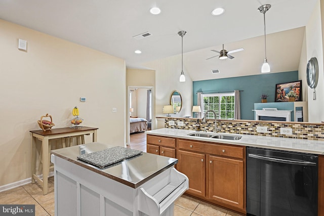 44365 Adare Manor Sq, Ashburn, VA 20147 - kitchen with dishwasher, a sink, brown cabinets, backsplash, and pendant lighting