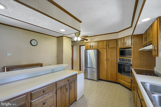 115 Penn St, Millheim, PA 16854 - kitchen featuring brown cabinets, a sink, black appliances, light floors, and under cabinet range hood