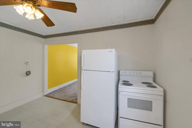 115 Penn St, Millheim, PA 16854 - kitchen with white appliances, ceiling fan, ornamental molding, and tile patterned floors