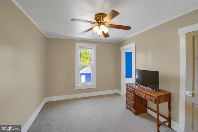 115 Penn St, Millheim, PA 16854 - unfurnished bedroom featuring crown molding, baseboards, light carpet, and ceiling fan