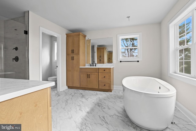 bathroom with a shower stall, plenty of natural light, baseboards, vanity, and marble finish floor