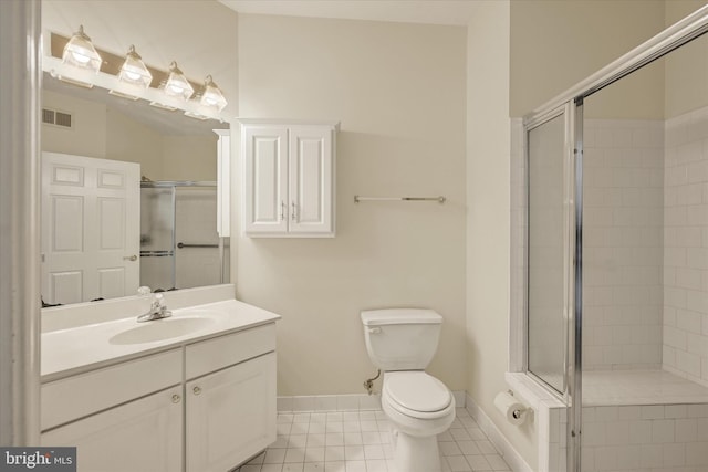 bathroom featuring tile patterned floors, a shower stall, toilet, baseboards, and visible vents