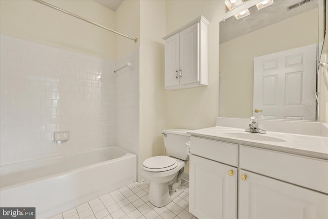 bathroom featuring visible vents, toilet, tile patterned floors, vanity, and bathtub / shower combination