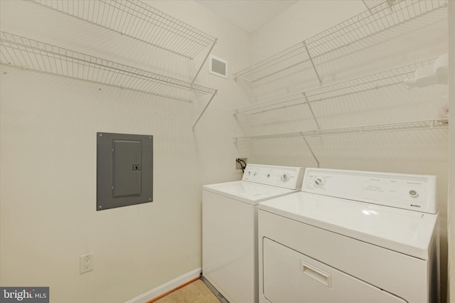 laundry area featuring laundry area, electric panel, washing machine and dryer, baseboards, and visible vents