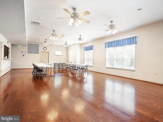 dining space with visible vents, ceiling fan, hardwood / wood-style flooring, and recessed lighting