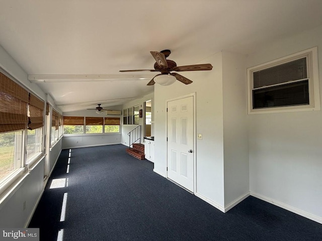 2260 Iberis Rd, Lancaster, VA 22503 - unfurnished sunroom featuring entry steps, a ceiling fan, and beamed ceiling