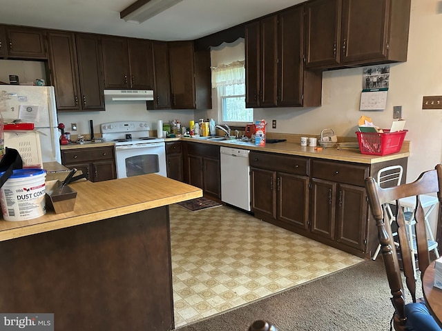 kitchen with light countertops, under cabinet range hood, dark brown cabinets, and white appliances