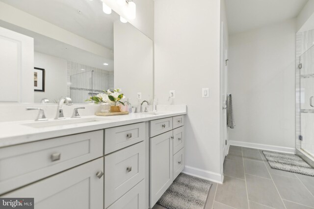 1702 River Sandstone Ter SE, Leesburg, VA 20175 - bathroom with a stall shower, double vanity, baseboards, and tile patterned floors
