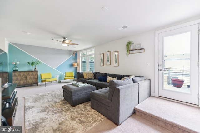 1702 River Sandstone Ter SE, Leesburg, VA 20175 - living room featuring carpet floors, a ceiling fan, and lofted ceiling