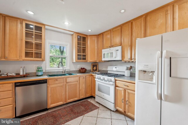 1612 7th Pl, Mclean, VA 22101 - kitchen with white appliances, a sink, light tile patterned floors, glass insert cabinets, and recessed lighting