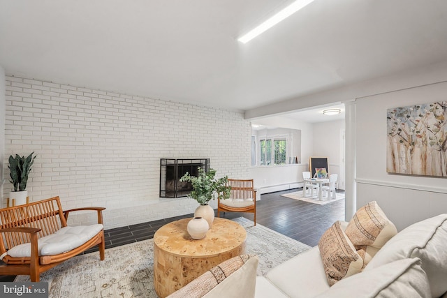 1612 7th Pl, Mclean, VA 22101 - living area with brick wall, wood finished floors, a brick fireplace, and a baseboard heating unit