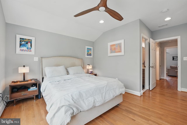 bedroom with recessed lighting, light wood-style floors, ceiling fan, baseboards, and visible vents
