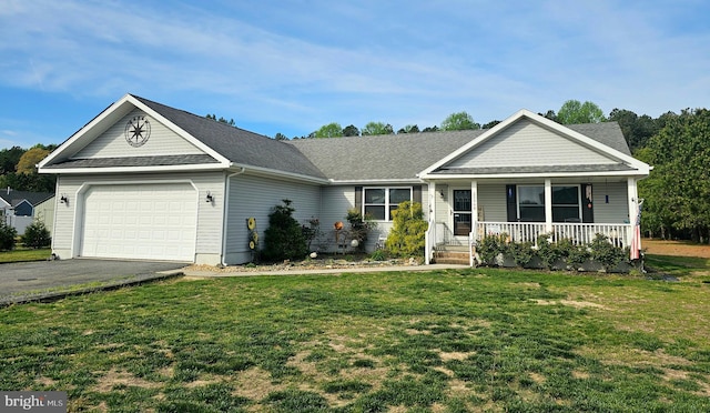 single story home featuring driveway, a porch, a front lawn, and a garage