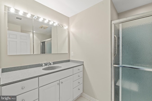 full bathroom featuring visible vents, a shower stall, and vanity