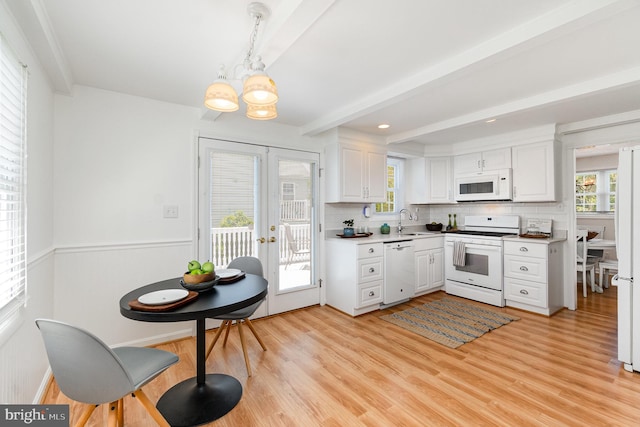 4 Hallbrook Ct, Baltimore, MD 21236 - kitchen with white cabinets, an inviting chandelier, beam ceiling, a sink, and white appliances