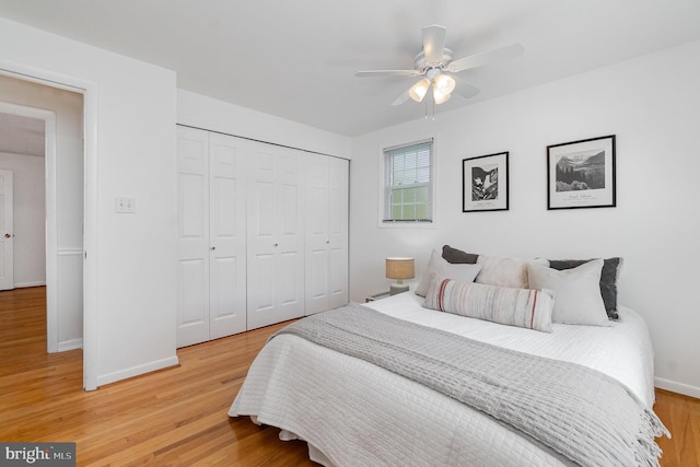 4 Hallbrook Ct, Baltimore, MD 21236 - bedroom with baseboards, light wood finished floors, ceiling fan, and a closet