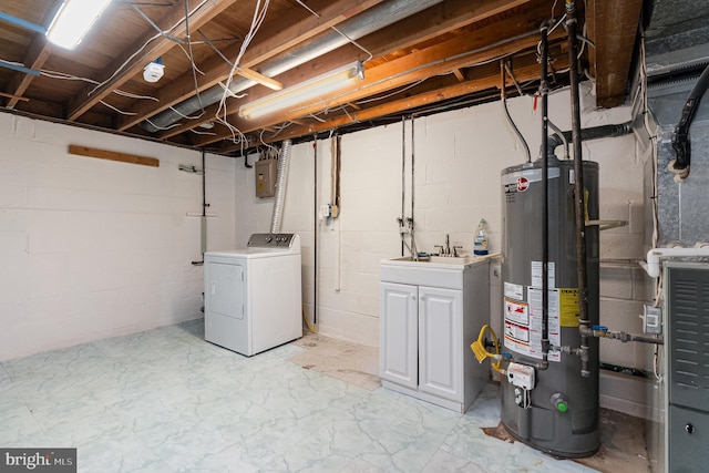 4 Hallbrook Ct, Baltimore, MD 21236 - unfinished basement featuring washer / dryer, electric panel, a sink, water heater, and concrete block wall