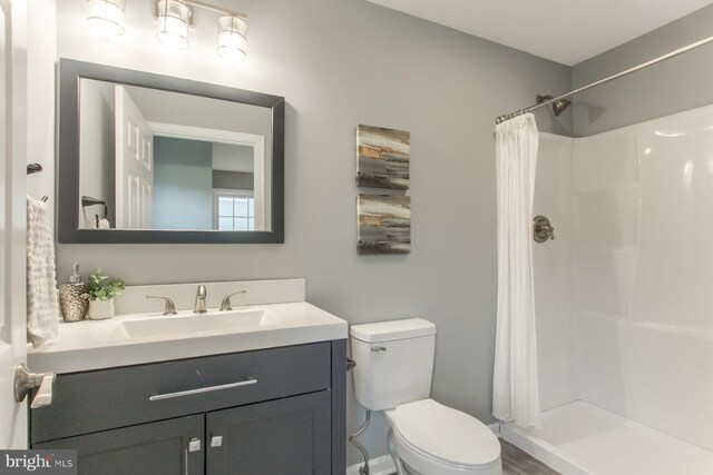full bath featuring a shower stall, toilet, and vanity