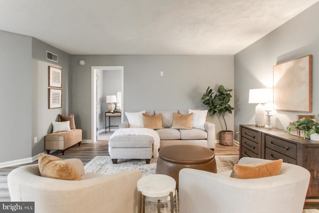 living room featuring wood finished floors, visible vents, and baseboards