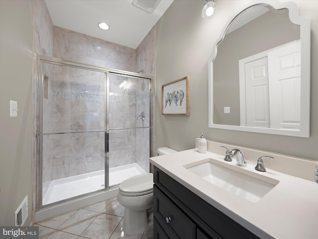 bathroom with a shower stall, toilet, and visible vents