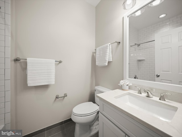 full bath with walk in shower, tile patterned flooring, vanity, toilet, and recessed lighting