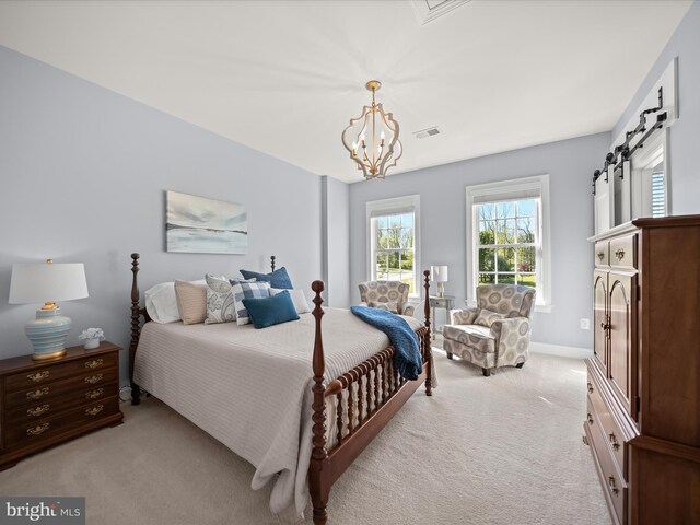 bedroom with visible vents, baseboards, light carpet, and an inviting chandelier
