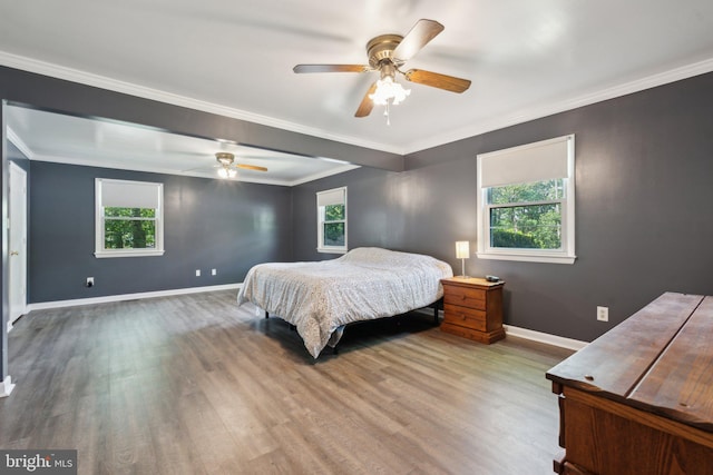 1321 Bayshire Ln, Herndon, VA 20170 - bedroom with multiple windows, wood finished floors, baseboards, ornamental molding, and ceiling fan