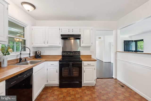 1321 Bayshire Ln, Herndon, VA 20170 - kitchen with black appliances, a sink, under cabinet range hood, and wood counters