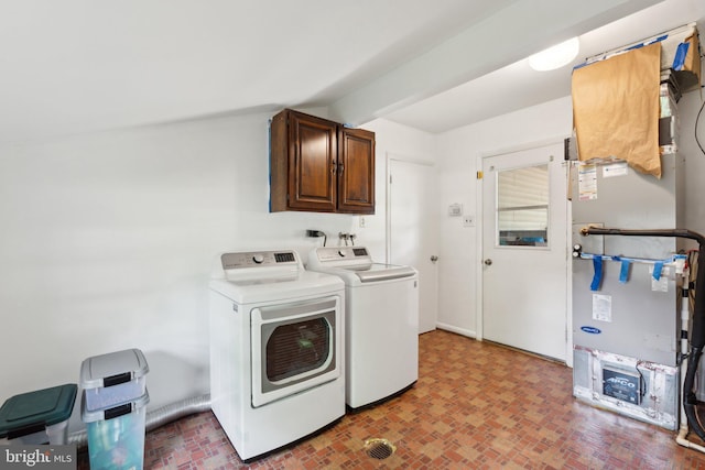 1321 Bayshire Ln, Herndon, VA 20170 - clothes washing area featuring cabinet space, washing machine and dryer, baseboards, brick patterned flooring, and heating unit