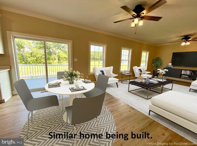 living area with light wood-style floors, a ceiling fan, and crown molding