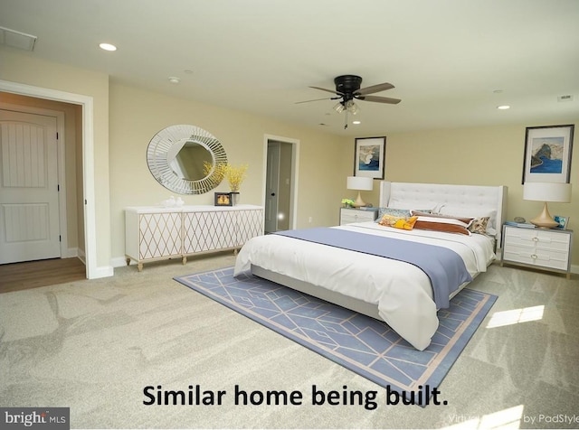 bedroom with recessed lighting, ceiling fan, visible vents, carpet, and baseboards
