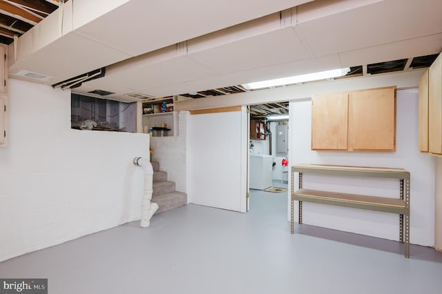 finished below grade area featuring washer / clothes dryer, electric panel, and stairway