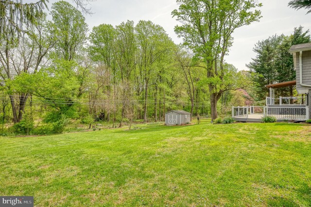 view of yard featuring a storage shed, an outbuilding, and a deck
