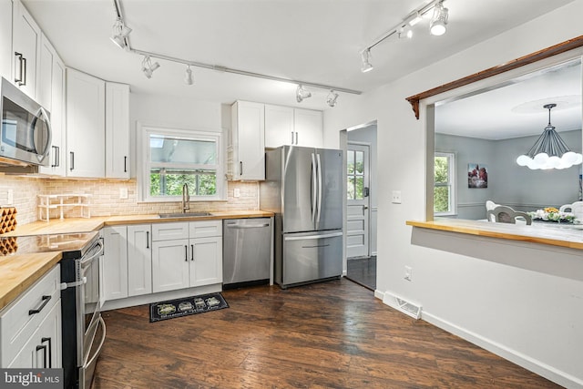 6611 Jupiter Dr, Huntingtown, MD 20639 - kitchen with appliances with stainless steel finishes, track lighting, a sink, visible vents, and butcher block counters