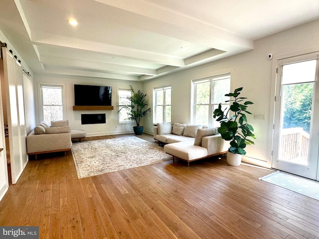 living area featuring beamed ceiling, hardwood / wood-style floors, a barn door, and baseboards