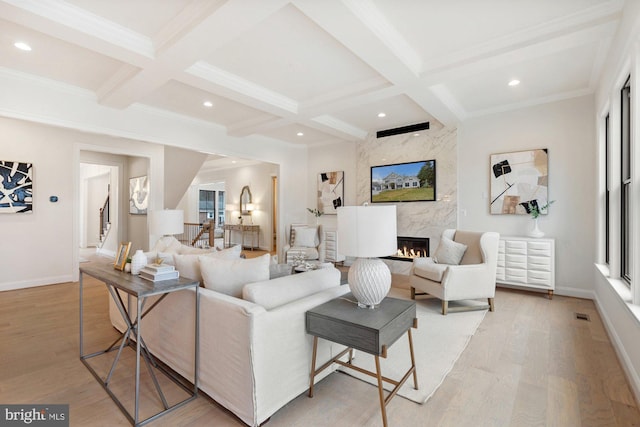 11632 Pine Tree Dr, Fairfax, VA 22033 - living room with a premium fireplace, coffered ceiling, beamed ceiling, and baseboards