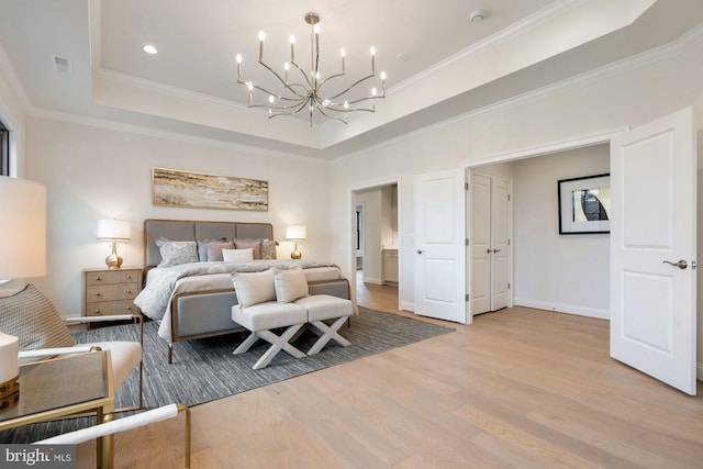 11632 Pine Tree Dr, Fairfax, VA 22033 - bedroom with an inviting chandelier, a raised ceiling, visible vents, ornamental molding, and wood finished floors