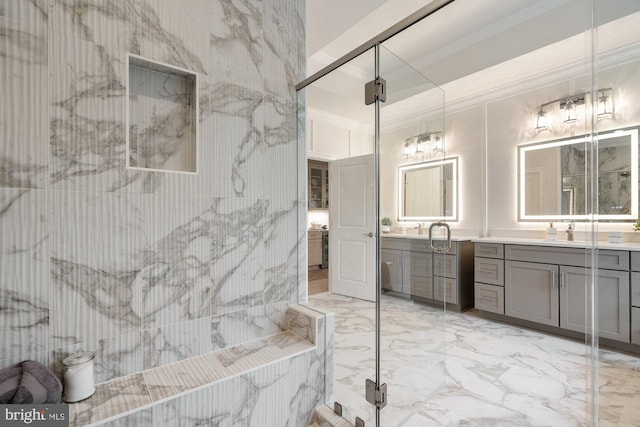 11632 Pine Tree Dr, Fairfax, VA 22033 - full bathroom with ornamental molding, marble finish floor, and vanity
