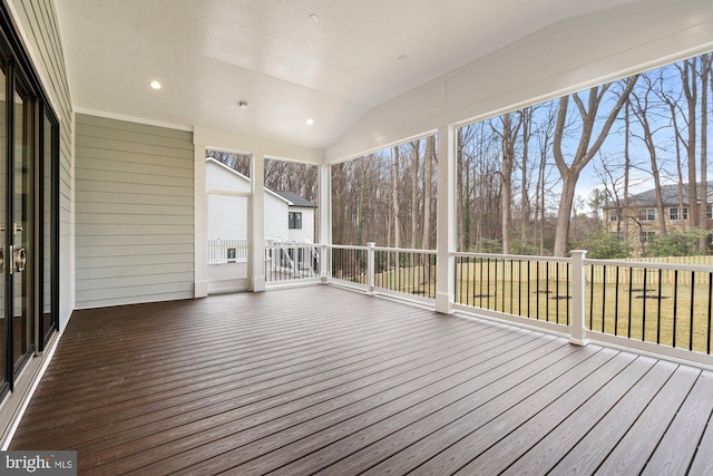 11632 Pine Tree Dr, Fairfax, VA 22033 - unfurnished sunroom with a wooden deck, vaulted ceiling, and wood finished floors