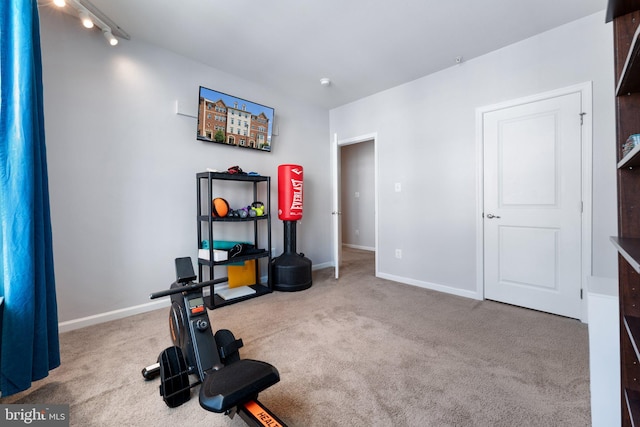 workout room featuring baseboards, rail lighting, and carpet