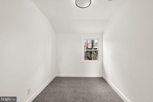 spare room with lofted ceiling, baseboards, and carpet floors