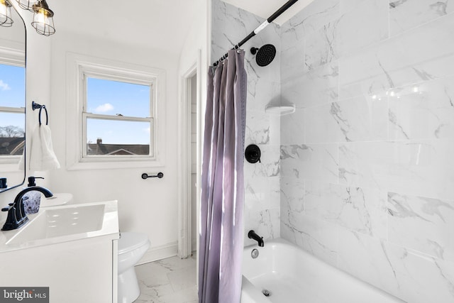 full bath with vanity, toilet, marble finish floor, baseboards, and shower / tub combo with curtain