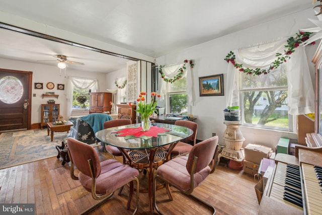 dining area with wood-type flooring and a ceiling fan