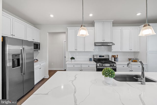 147 Parker Dr, Middletown, DE 19709 - kitchen featuring appliances with stainless steel finishes, tasteful backsplash, a sink, white cabinets, and under cabinet range hood