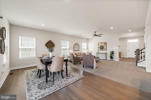 147 Parker Dr, Middletown, DE 19709 - dining space with recessed lighting, a ceiling fan, baseboards, and wood finished floors