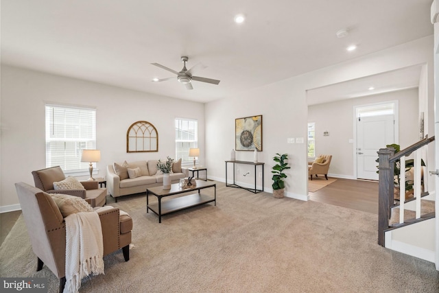 147 Parker Dr, Middletown, DE 19709 - carpeted living room featuring recessed lighting, ceiling fan, and a wealth of natural light