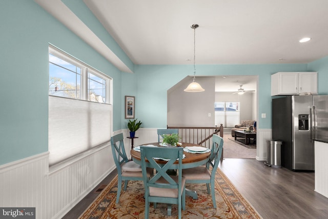 418 N Stokes, Havre De Grace, MD 21078 - dining room featuring dark wood-style floors, a wainscoted wall, and a ceiling fan